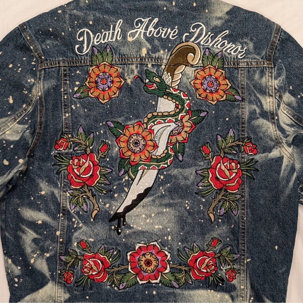 Reason Denim Sherpa Trucker Jacket L Death Before Dishonor Embroidery Distressed - Picture 9 of 14